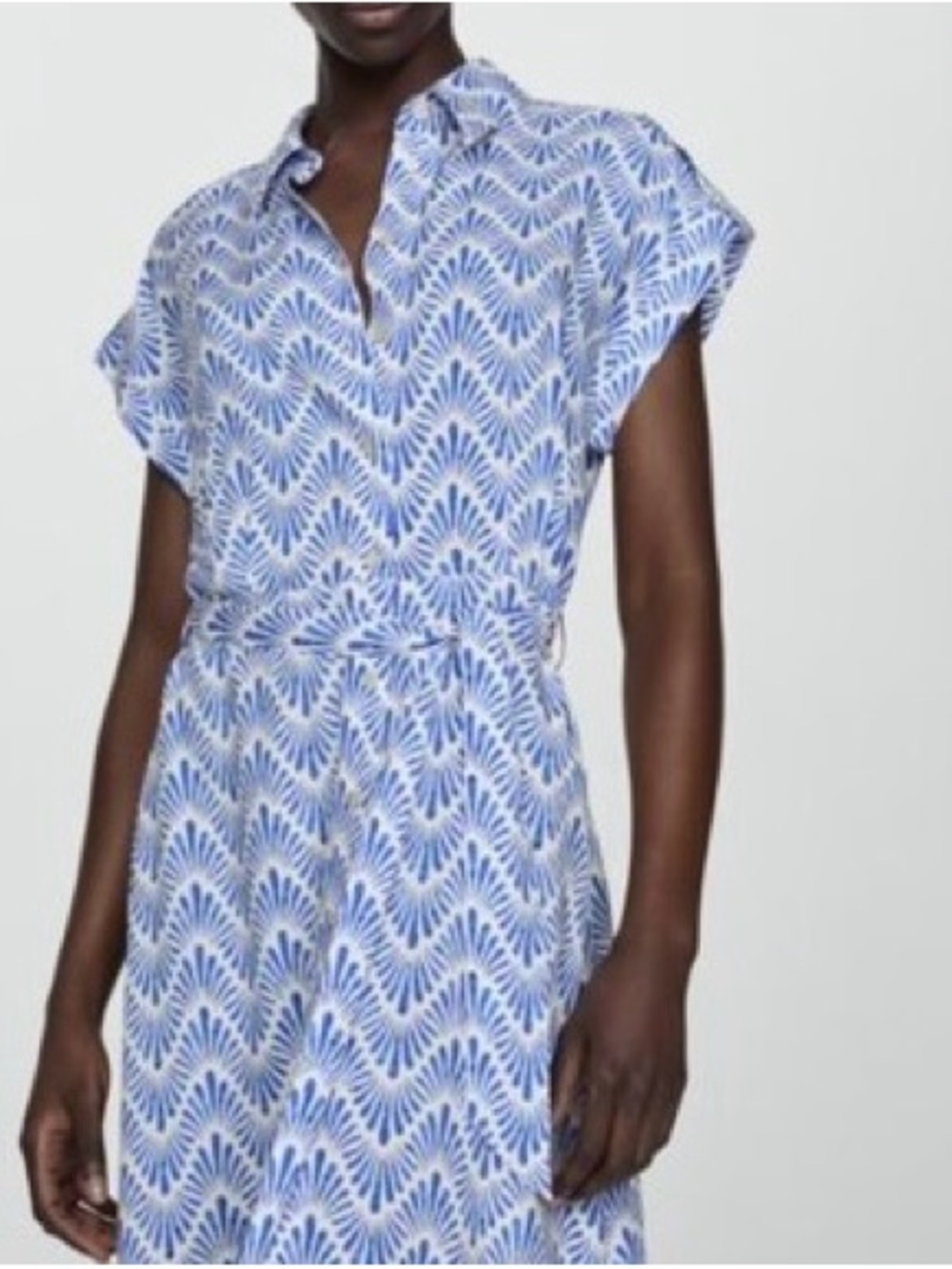 Mango Bow Midi Shirt Dress Blue White Geometric Print Size 6 Coastal Classic